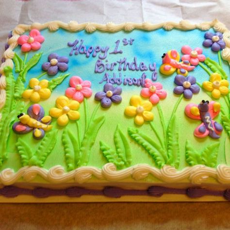 1st Birthday Cake | Birthday sheet cakes, Sheet cake designs, Birthday cake kids Flowers Birthday Cake, Dairy Queen Cake, Ideas For Flowers, Sheet Cake Designs, Birthday Sheet Cakes, Cake Kids, Spring Cake, Flowers Birthday, Flower Birthday