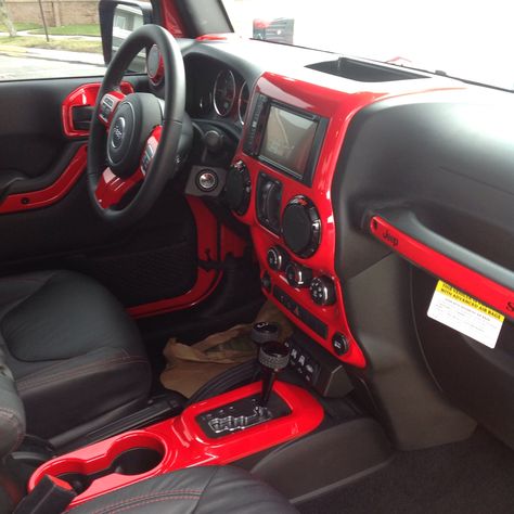 Custom Urban Jeep Interior Wrangler Interior Mods, Red Jeep Accessories, Red Jeep Wrangler Accessories, Wrangler Interior Ideas, Jeep Patriot Interior, Red Jeep Wrangler, Jeep Interior, Jeep Wrangler Interior, Jeep Interiors