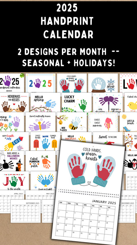 This printable 2025 Handprint Calendar is a sweet and memorable keepsake or personalized gift! Includes 27 brightly designed pages, with 2 cover options and 2+ designs for each month. Includes both seasonal and holiday designs so you can customize to your celebrations. Great option for daycares and preschools also! Handprint Art Kids, Handprint Calendar, Drawing Fruit, Girls Birthday Party Games, Rainbow Crayons, Handprint Keepsake, Rainbow Poster, Drawing Floral, Maximalist Art