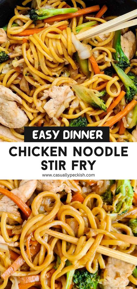 close up of noodles with captions 15 Minute Chicken Stir Fry Noodles, Stir Fry Recipes Noodles Chicken, Chicken Noodle Stir Fry With Vegetables, Stir Fry For Kids, Noodle Stir Fry Recipes Chicken, Healthy Chicken Stir Fry With Noodles, Creamy Chicken Stir Fry, Stir Fry Noodle Recipe, Chicken Pasta Stir Fry