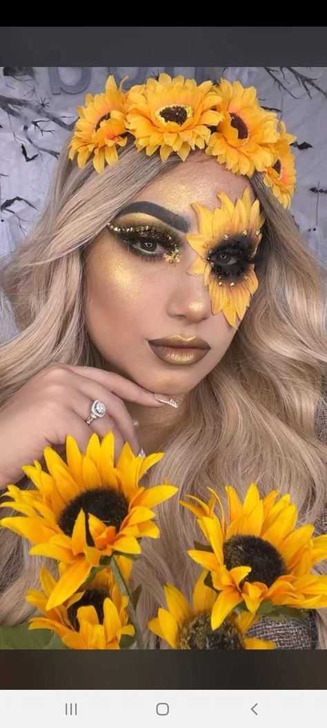 Sunflower Makeup Halloween, Sunflower Makeup, Halloween Costumes Women, Costumes For Women, Halloween Makeup, Halloween Face, Face Makeup, Halloween Face Makeup, Sunflower