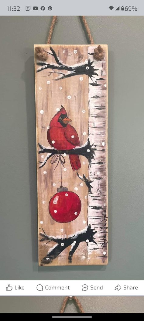 Diy Christmas Paintings On Wood, Christmas Paintings On Wood, Paintings On Wood, Diy Christmas Paintings, Painted Boards, Red Bird, Christmas Paintings, Christmas Art, Diy Christmas