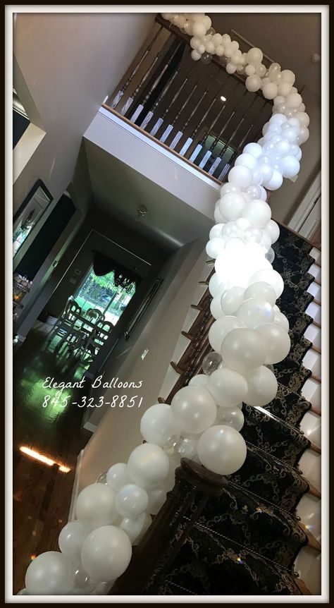 Stairs Decoration Ideas For Party, Banister Balloon Garland, Stairwell Balloon Garland, Balloon Garland On Stairs, Organic Stairs, Garland On Stairs, Stairwell Decor, Staircase Garland, Stairs Decoration