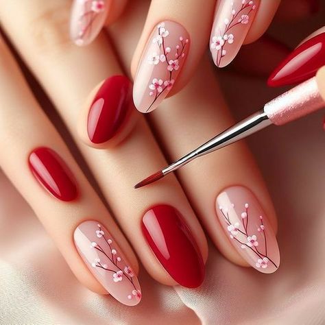 Cherry Blossom Gel Nails, Red Cherry Blossom Nails, Blossom Gel Nails, China Nails Design, Nails Cherry Blossom, Nail Art Cherry, Cherry Blossom Nails Art, Cherry Nail Art, Cherry Blossom Nails