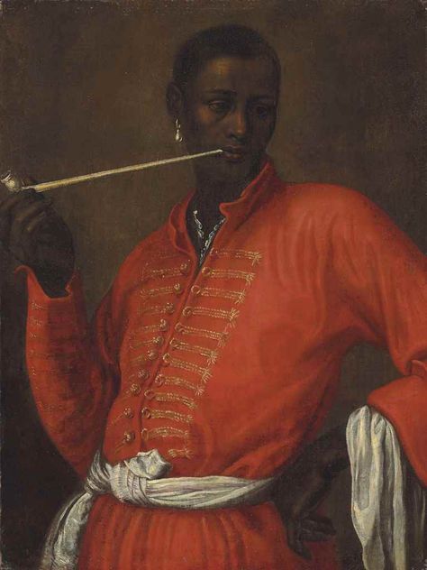 Dutch School, 17th century Portrait of a moor, half-length, smoking a churchwarden pipe, with his left arm akimbo oil on canvas 27 7/8 x 22 ½ in. (76 x 57.4 cm.) Churchwarden Pipe, 17th Century Portraits, Dutch Golden Age, School Portraits, Pipes And Cigars, European Paintings, Dutch Artists, Old Master, Ancient Egyptian