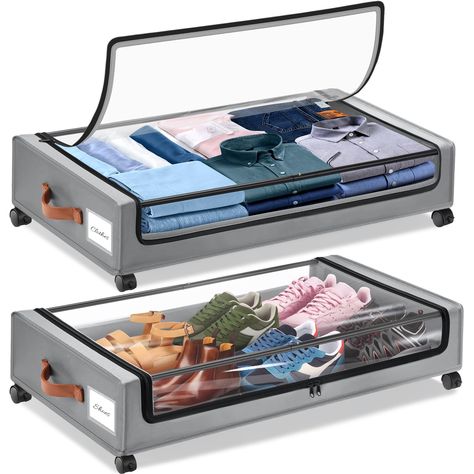 PRICES MAY VARY. Silent universal wheels: The GOCVO under bed storage is equipped with 4 x 360° swivel wheels, two of which have a locking function. Gently press the locking button,under bed storage with wheels is instantly stable and will not move,easy to load clothes and quilts. Ideal storage baskets for dorm rooms, attics, basements and bedrooms.These underbed storage containers come with high quality stainless steel zips with a two-way smooth zip design that easily slides along the track.The Underbed Storage Ideas, Small House Storage Ideas, Shoe Storage On Wheels, Storage With Wheels, Shoe Storage Drawers, Under Bed Shoe Storage, Under Bed Storage Boxes, Under Bed Storage Containers, Storage Box On Wheels