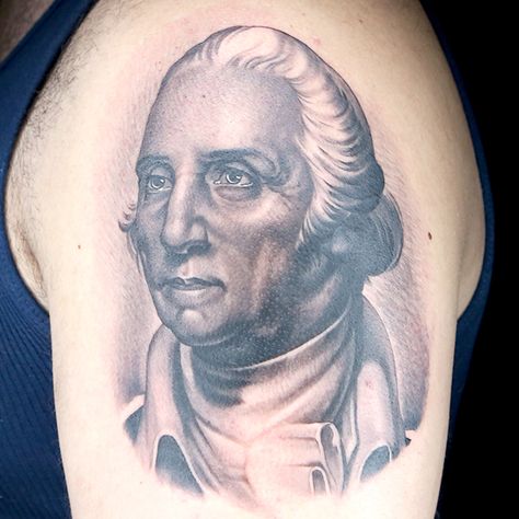 George Washington Tattoo by Anthony Michaels George Washington Tattoo, Washington Tattoo, Portrait Tattoos, Aaron Burr, Michael Anthony, Ink Master, George Washington, Black And Grey Tattoos, Arm Tattoo