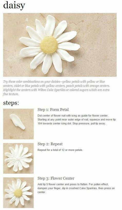 Royal Icing Daisies, Diy Frosting, Cake Icing Tips, Cake Piping Techniques, Decorating Desserts, Cake Decorating Flowers, Frosting Flowers, Flower Sugar Cookies, Royal Icing Flowers