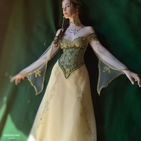 Elven fairy dress made for inspiration with ai #elvendress #fairydress #forestcore #forestwedding #celtic #weddingdress Elven Bridesmaid Dresses, Fantasy Corset Dress, Medieval Fairy Dress, Celtic Dresses, Flower Fairy Dress, Elven Gown, Fairy Queen Dress, Medival Outfits Women, Elvish Dress