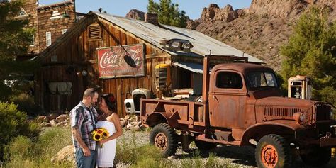 Eldorado Canyon Ghost Town Weddings | Get Prices for Wedding Venues in NV Ghost Town Wedding, Nelson Ghost Town Wedding, Nelson Ghost Town, Town Photography, Vegas Weddings, Boulder City, Landmark Buildings, Abandoned Cars, Las Vegas Weddings