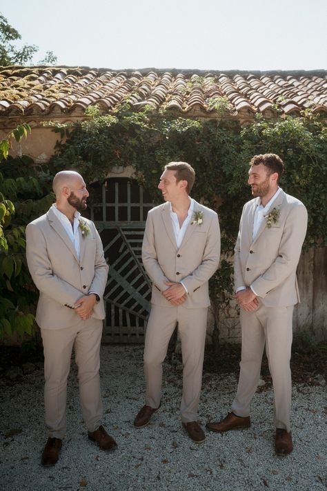 Groom and groomsmen in light beige suits with open collar white shirts and floral buttonholes | groom suit ideas for destination wedding | France destination wedding | wedding styling and fashion | Lauren Knuckey Photography Light Beige Groomsmen Suits, Beige Groomsmen Suits, Beige Groomsmen, Groomsman Speech, Groom Suit Ideas, Wedding Party Groomsmen, Grooms Party, Groomsmen Outfits, Suit Ideas