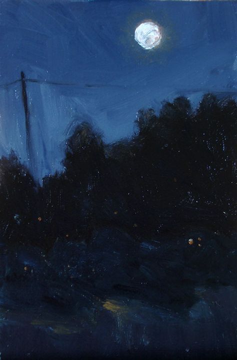 4x6 oil on linen nocturne painting. Blue Vintage Painting, Night Sky Oil Painting, Dark Night Sky Painting, Nocturne Paintings, Dark Blue Painting, Cold Painting, Ethereal Blue, Cloudy Nights, Night Sky Painting