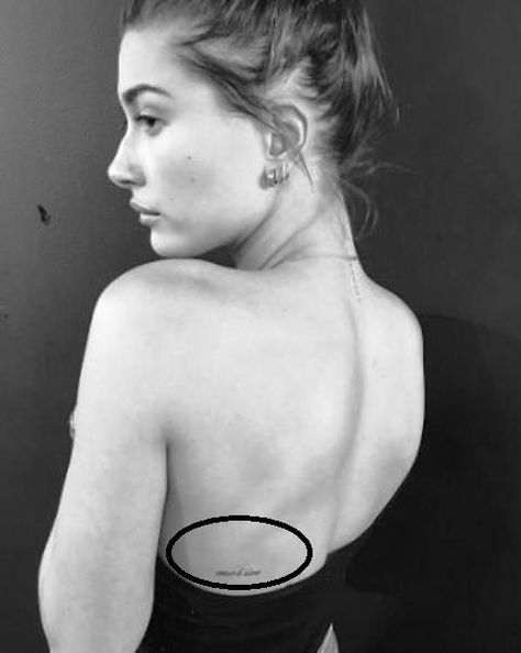 Hailey Baldwin Tattoo, Side Back Tattoos, Celebrity Tattoos Women, Tiny Tattoo Placement, 27 Tattoo, Small Back Tattoos, Stephen Baldwin, Small Tattoo Placement, Tiny Heart Tattoos