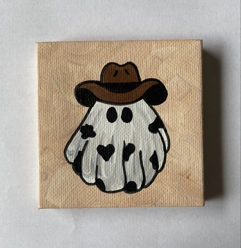 Simple Cowboy Paintings, Small Canvas Painting Idea, Cowboy Ghost Painting, Panting Photo Ideas Easy, Western Painting Ideas Easy, Western Painting Canvas, Simple Halloween Paintings, Cow Room, Simple Canvas Art