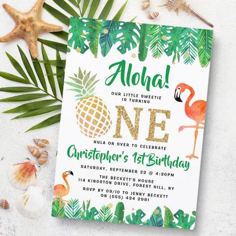 Tropical Summer Beach Luau Boys 1st Birthday Invitation 1st Birthday Luau, Birthday Luau, Summer Birthday Invitations, Flamingo Watercolor, Tropical Birthday, 2nd Birthday Invitations, Birthday Thank You Cards, 1st Birthday Invitation, Summer Tropical