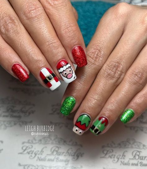 Buddy The Elf Nails Designs, Santa Claus Nail Art, Elf Nail Art, Santa Nails Design, Elf Nails Designs, Elf Nails, Santa Nail Art, Santa Nails, December Nails