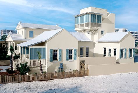 Beach Design Exterior Paint Colors | Sherwin-Williams Modern Coastal Home Exterior, Coastal Exterior House Colors, Beach Paint Colors, Coastal Home Exterior, Coastal Exterior, Modern Coastal Home, Painting Contractors, Coastal Colors, Bay House