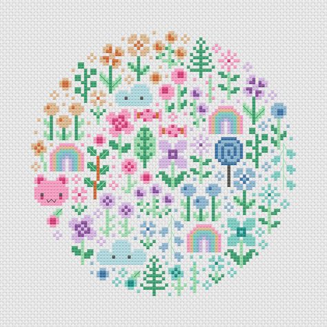 Garden Cross Stitch Pattern, Kawaii Embroidery, Stitch Kawaii, Garden Cross Stitch, Rainbow Cross Stitch, Garden Cross, Pastel Garden, Kawaii Cross Stitch, Mini Pastel