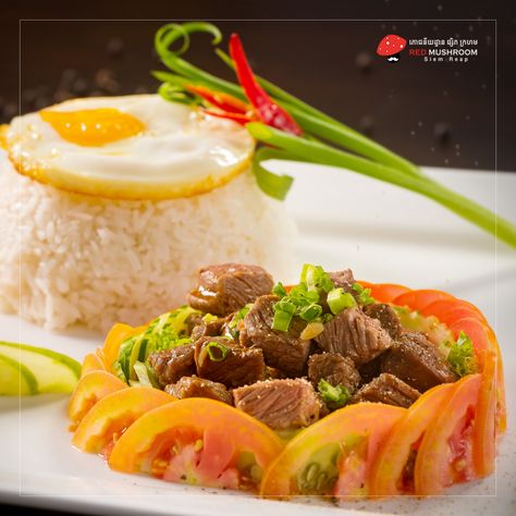 Beef Lok Lak with Jasmine Rice Beef Lok Lak, Khmer Empire, Jasmine Rice, Cobb Salad, Rice, Salad, Meat, Quick Saves