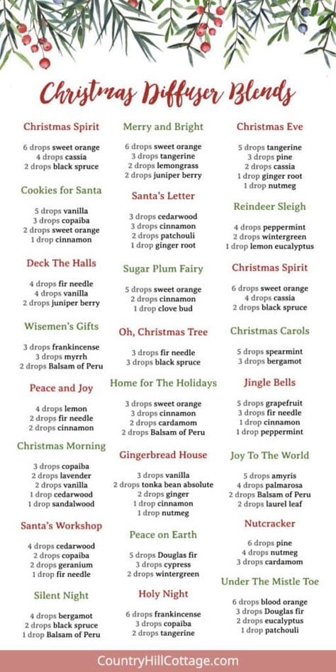 These DIY Christmas diffuser blends will get you in the holiday spirit! This post features 25 holiday essential oil recipes, including a Christmas spirit diffuser blend and many more festive holiday aromas. The instructions also come with printable Christmas essential oils and tips for setting up a Christmas diffuser. These Santa-approved holiday essential oil blends can also be used to scent homemade Christmas soap, DIY candles, and other air fresheners. | CountryHillCottage.com Essential Oil Christmas Blend Diffuser Recipes, Christmas Candle Essential Oil Blends, Xmas Essential Oil Blends, Essential Oil Recipes For Wax Melts, Christmas Diffuser Blend, Christmas Candle Scents Recipes, Candle Making Scent Recipes Christmas, Christmas Scented Candles Diy, Christmas Candle Recipes