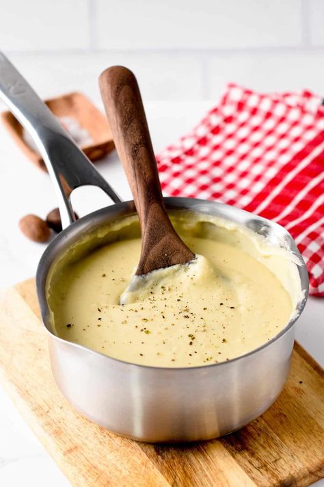 This Bechamel Cheese Sauce is the most easy, cheesy sauce for steamed vegetable or casserole. It's a French-inspired recipe that can be easily made in less than 15 minutes with gluten-free option. Bechamel Cheese Sauce Recipe, Cheesy Bechamel Sauce, Beschemell Sauce Recipe, Beschmell Sauce, Bachemelle Sauce, Gluten Free Bechamel Sauce, Celtic Cooking, Vegan Gratin, Cheese Bechamel Sauce