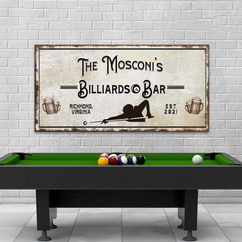 PRICES MAY VARY. Museum-Grade Quality - This Premium Gallery-Wrapped Canvas Billiards Sign Wall Art; No sagging, dents, accidental rips; Printed using UV-Resistant Ink with a neatly folded edge to complete that Rustic Billiards Décor look! Hassle-Free - This Billiards Sign Home Decoration Comes with Ready-to-Hang Hooks; Water-resistant wall decor print; Cleans easily using a damp cloth. This billiard room accessories is perfect for your play area or game room. Made in Florida - 100% produced in Hall Wall Art, Billiards Bar, Beach Farmhouse, Pool Hall, Bar Outdoor, Pool Halls, Bar Displays, Bar Logo, Custom Bar