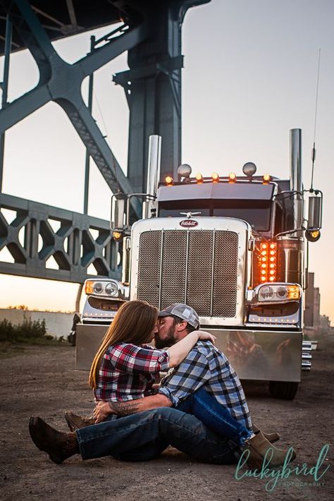 fun semi truck engagement photos, engagement photos with semi truck, downtown toledo engagement, toledo engagement photos, engagement photos in toledo, toledo engagement photography, engagement photography in toledo Trucker Engagement Photos, Semi Truck Engagement Pictures, Engagement Photos With Semi Truck, Semi Truck Wedding Ideas, Semi Truck Photoshoot, Trucker Wedding Ideas, Semi Truck Wedding, Trucker Photography, Trailer Photoshoot