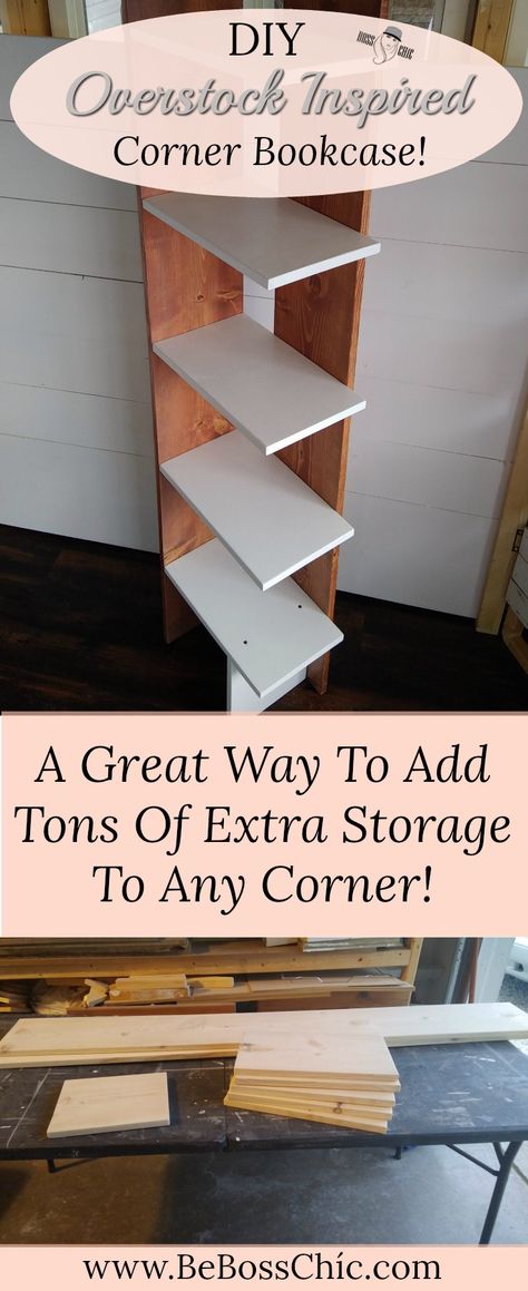 A Great Way To Add Tons Of Extra Storage, Find out how to build this simple DIY Corner Bookcase! #HomeDecor #DIYFurniture #DIYBookcase #Interiorstyle Diy Corner Shelf, Bookcase Plans, Diy Regal, Bookcase Diy, Diy Wall Shelves, Bookshelf Design, Simple Furniture, Bookshelves Diy, Creative Home Decor