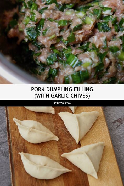 Pork and Chive Dumplings 韭菜水饺 Pork Dumpling Filling Recipe, Pork Dumpling Filling, Chive Dumpling Recipe, Pork And Chive Dumplings, Dumplings Soup, Wonton Dumplings, Pork Dumplings, Dim Sum Recipes, Chinese Pork