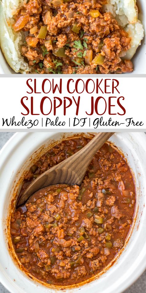 This easy recipe for slow cooker sloppy joes is so simple, but so full of the flavors we know and love! It's perfect for meal prep, easy weeknight meals, family gatherings or football parties, and so much more. The best is that it's Whole30, paleo, gluten-free, and made without sugar so everyone can enjoy! Cooking in the slow cooker makes it great for guests to serve themselves, or to bring to a potluck, and it's a budget friendly ground beef recipe that will be a family favorite! #... Whole 30 Stew, Dairy Free Crockpot Meals, Gluten Free Sloppy Joes, Sloppy Joe Recipe Crock Pot, Ground Beef Paleo Recipes, Whole 30 Crockpot Recipes, Ground Beef Crockpot Recipes, Paleo Slow Cooker Recipes, Slow Cooker Sloppy Joes