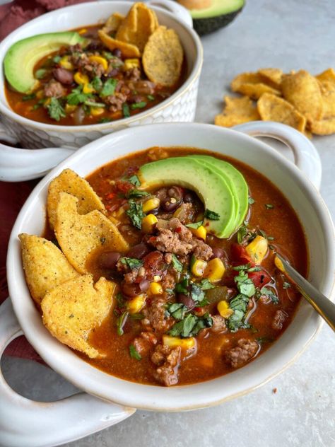 Beef Enchilada Soup - onebalancedlife.com Beef Enchilada Soup, Beef Dumplings, Ground Beef Enchiladas, Beef Enchilada, Beef Soup Recipes, Healthy Beef, Chicken Enchilada Soup, Enchilada Soup, Red Enchilada Sauce