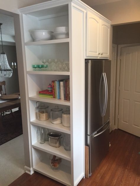 Side Of Fridge, Pantry Door Storage, Tall Kitchen Cabinets, Design My Kitchen, Traditional Shelves, Built In Pantry, Pantry Wall, Pantry Storage Cabinet, Pantry Shelving