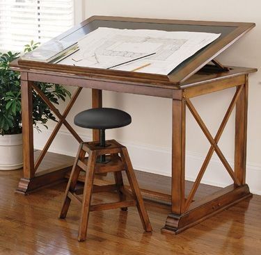 Cherry & Black Leather Drawing Table and Stool Charleston Gardens, Drawing Desk, Drafting Table, Drawing Table, Bureau Design, Art Desk, Study Table, Table Plans, Art Table