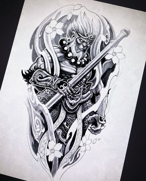 Chinese Monkey King Tattoo Design, Wukong Tattoo Design Arm, Monkey Samurai Tattoo, Monkey Warrior Tattoo, Black Myth Wukong Tattoo, Sun Wukong Tattoo Design, Sun Go Kong Tattoo, Monkey Japanese Tattoo, Son Wukong Tattoo