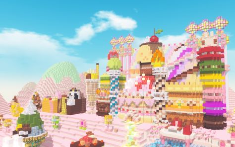 Sweets island Minecraft Map Candy Land Minecraft, Rainbow Minecraft Builds, Candy Minecraft, Minecraft Details, Island Minecraft, Mind Craft, Maps Aesthetic, Fantasy Village, Free House Design