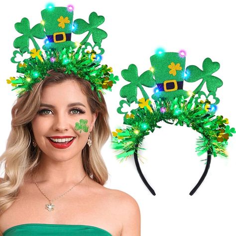 PRICES MAY VARY. St Patrick's Day headband is adjustable and fits for most people's head.Suitable for both children and adults,will stay on pretty well. Light up top hat headband is made of green hat and shamrocks,hair hoop and green tinsel with classic shamrock design,making this shamrock headwear very suitable for various activities related to the Irish Day. Green clover headband is sufficient to meet your costume needs on St. Patrick's Day,it will always make you stand out and be more eye-cat Shamrock Hair, Led Costume, Hat Headband, Green Shamrock, Accessories Style, Hair Hoop, Headpiece, Light Up, Hair Accessories