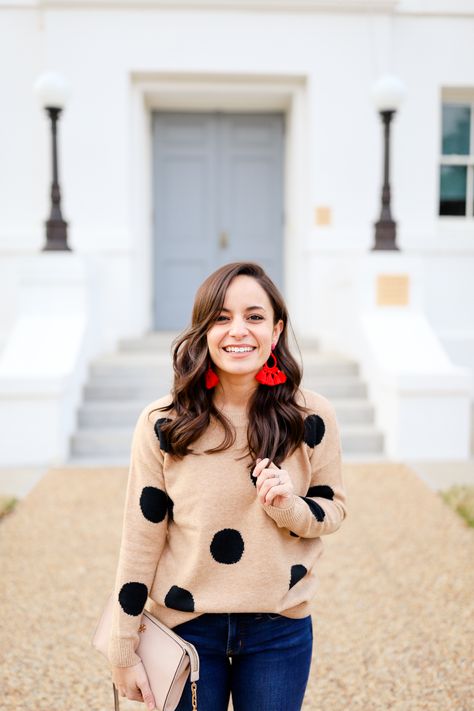 Polka dot tan sweater outfit via pumps and push-ups blog | Petite style blogger | petite style | Madewell Polka Dot Tshirt Outfits, Polka Dot Cardigan Outfit, Polka Dot Sweater Outfit, Polka Dot Outfits For Women, Tan Sweater Outfit, Sweater Styling, Sweater Cardigan Outfit, Dots Outfit, Cold Outfit