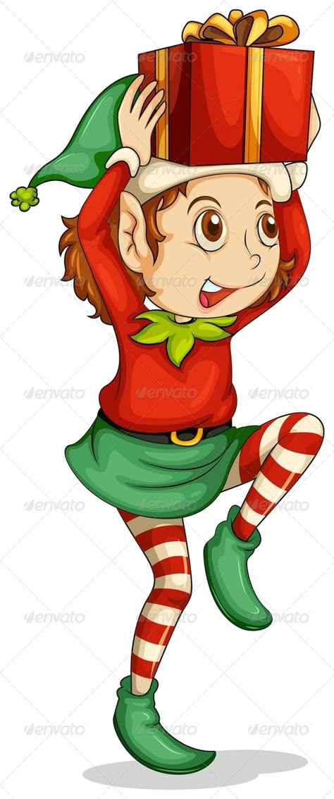 An Elf with a Gift Above his Head Elf Images, Elf Cartoon, Elf Clipart, Christmas Yard Art, Christmas Elves, Santa's Elves, Christmas Yard, An Elf, Christmas Characters