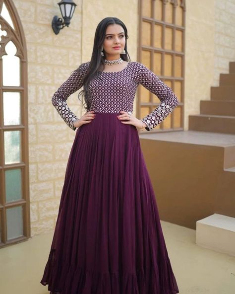 🤳🏻 *PREMIUM READYMADE GOWN COLLECTIONS.*💃🏻 *#GOWNLOVE* 💕 💗 *Faux Blooming gown with Sequins-Multi Embroidered Work, It looks graceful for women, it Designed to flatter all body types, gowns for women combine the best parts of western and Indian wear into one stunning ensemble.* 💝 *Code:- LW-9122* 👉🏻 *GOWN :-*👇🏻 👉🏻 *FABRIC & WORK :-* Faux Blooming With Sequins-Multi & Zari Embroidered Work 👉🏻 *SIZE :-* S(36''),M(38''),L(40''), XL(42''),XXL(44'') 👉🏻 *LENGTH :-* 56 INCH 👉🏻 *FLAIR :-* 7 MTR... Designer Salwar Kameez, Reception Gown, Frock For Women, Flare Gown, Traditional Indian Outfits, Party Kleidung, Pink Gowns, Ladies Gown, Anarkali Dress