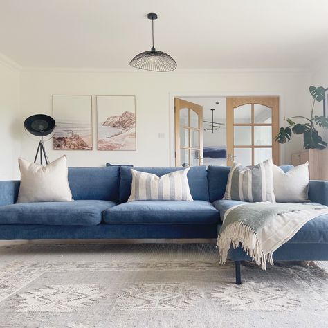 Blue sofa living room Ocean Blue Sofa Living Room, Nordic Living Room Blue Sofa, Dusty Blue Couch Living Room, Denim Blue Couch Living Room, Denim Couch Living Room Ideas, Denim Blue Sofa, Light Blue Sofa Living Room, Azure Sofa, Kiwi Bach