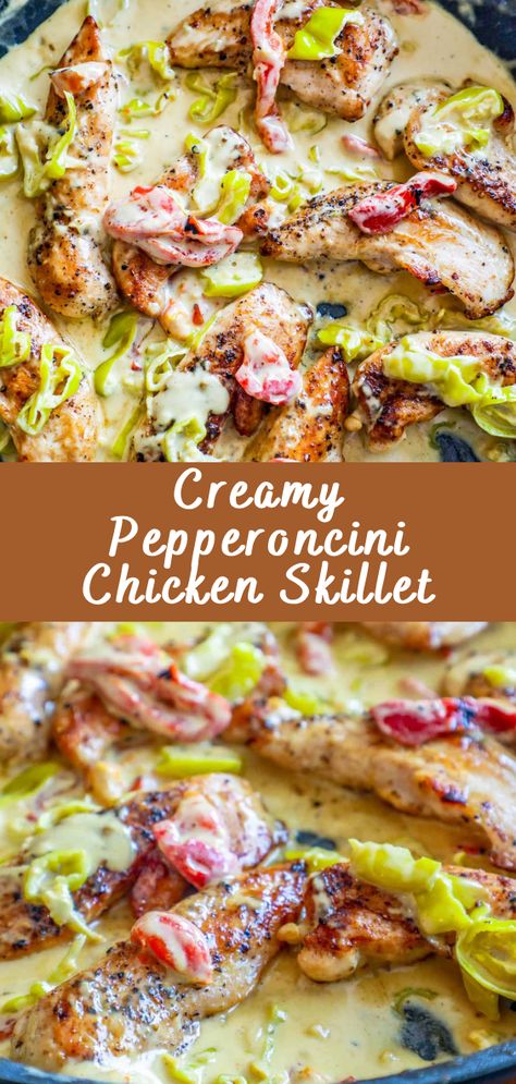 Creamy Pepperoncini Chicken Skillet | Cheff Recipes Chicken And Peperoncini, Pepperoncini Chicken Crock Pot, Creamy Chicken And Peppers, Chicken Pepperchini Crockpot, Pepperchini Chicken Recipes, Hot Pepper Bread, Recipes Using Pepperoncini, Healthy Recipes Chicken Breast, Highly Rated Dinner Recipes