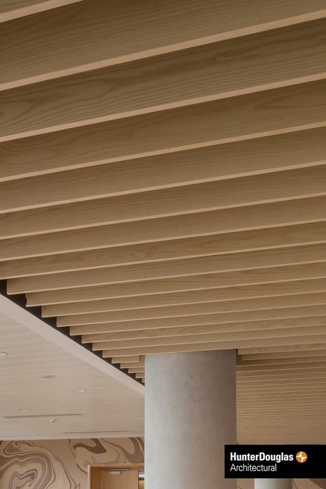 Wood ceiling product for Architecture by Hunter Douglas Architectural. Wood Baffle Ceiling, Timber Slat Ceiling, Slatted Wood Ceiling, Wood Ceiling Office, Wood Slats Ceiling, Wood Ceiling Texture, Wood Strip Ceiling, Wood Ceiling Detail, Modern Wardrobe Ideas