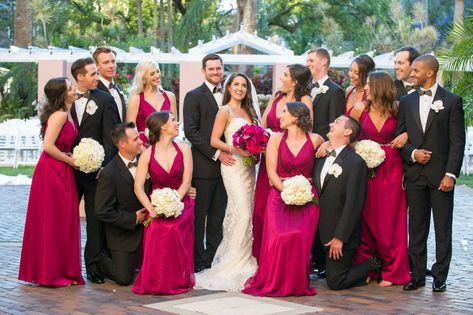 Hot Pink Wedding Colors, Pink Bridal Party, Pink Black Weddings, Hot Pink Bridesmaid Dresses, Hot Pink Bridesmaids, Fuschia Wedding, Black Weddings, St Pete Wedding, Living In Florida