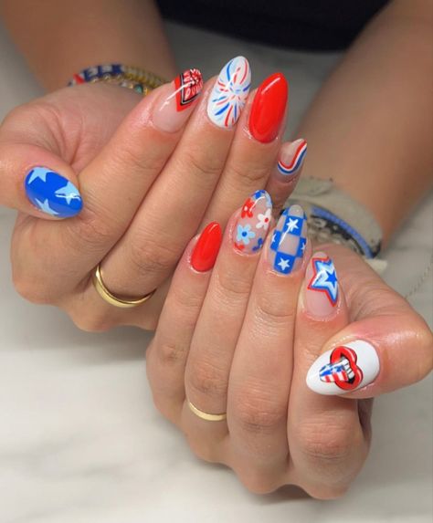 Fourth Of July Nails Cherry, Fourth Of July Aura Nails, Red And Blue Cherry Nails, 4th Of July Nails Funky, Cherry 4th Of July Nails, Simple 4th Of July Nails Fireworks, Almond Fourth Of July Nails, Trendy 4th Of July Nails, Fourth Of July Nails Almond Shape