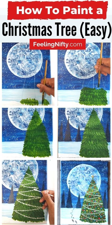 How to Paint a Christmas Tree And A Magical Winter Scene Christmas Tree On Canvas, Paint A Christmas Tree, Tree On Canvas, Christmas Tree Canvas, Cuadros Diy, Diy Christmas Paintings, Christmas Canvas Art, Christmas Paintings On Canvas, Christmas Tree Art