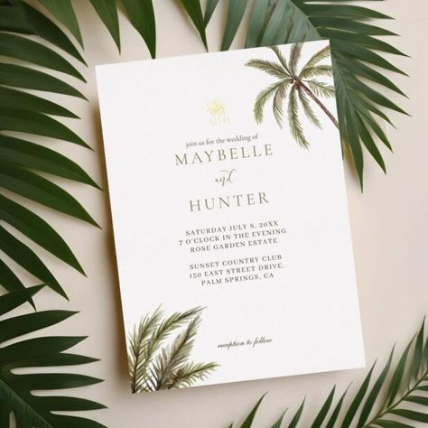 Palm Tree Invitation, Boho Tropical Wedding, Tree Monogram, Palm Tree Wedding, Tree Wedding Invitation, Leaf Photo, Tropical Glam, Trees Watercolor, Beach Wedding Invitation