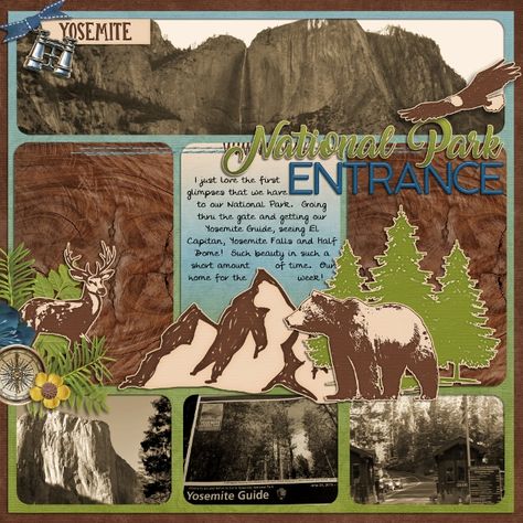 Yosemite Scrapbook Layouts, National Park Scrapbook Ideas, Glacier National Park Scrapbook Layouts, National Parks Scrapbook Ideas, Yellowstone National Park Scrapbook Layouts, National Park Scrapbook Layouts, National Park Scrapbook, Mountain Scrapbook, Hiking Scrapbook