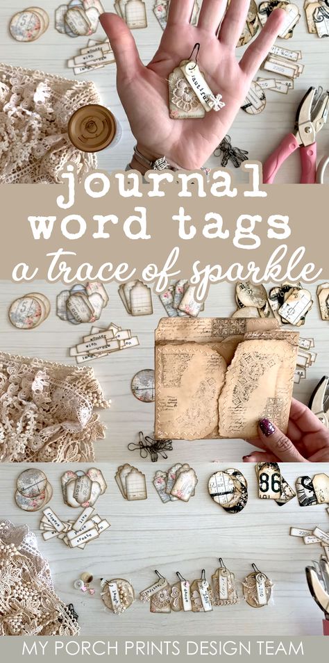 Words For Journaling, Junk Journal Embellishments Ephemera, Laminator Projects, Easy Junk Journal, Journal Stamps, Junque Journal, My Porch Prints, Journal Tutorials, Handmade Journals Diy