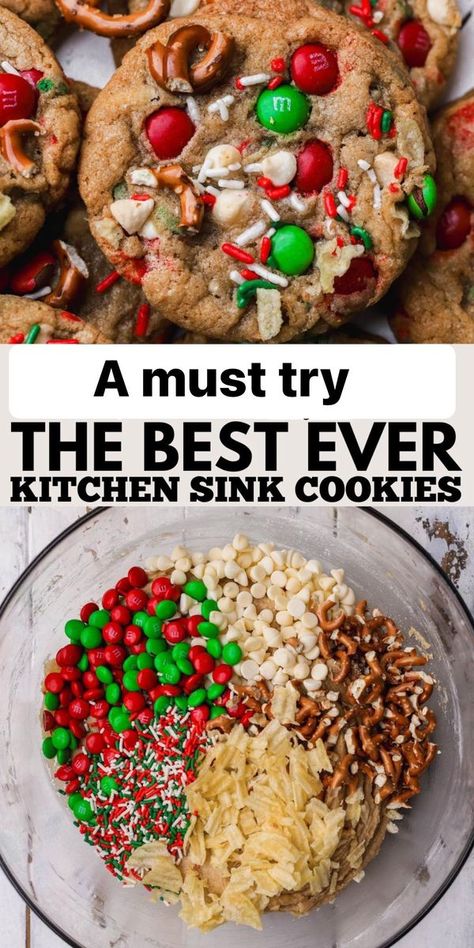 Christmas Kitchen Cookies, Holiday Kitchen Sink Cookie Recipe, Christmas Kitchen Sink Cookies Recipe, Everything Except The Kitchen Sink Cookies, Best Kitchen Sink Cookies, Everything Christmas Cookies, Christmas Cookie Party Recipes, Cute Christmas Cookie Recipes, Christmas Day Snack Ideas