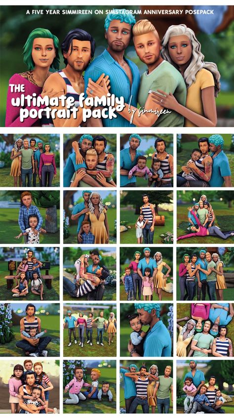 Ultimate family portrait pack | Patreon Sims 4 Family Portrait Mod, Sims 4 Afro Hair, Large Family Poses, Sims 4 Couple Poses, Royal Family Portrait, Sims 4 Family, 4 Poses, Family Portrait Poses, The Sims 4 Packs